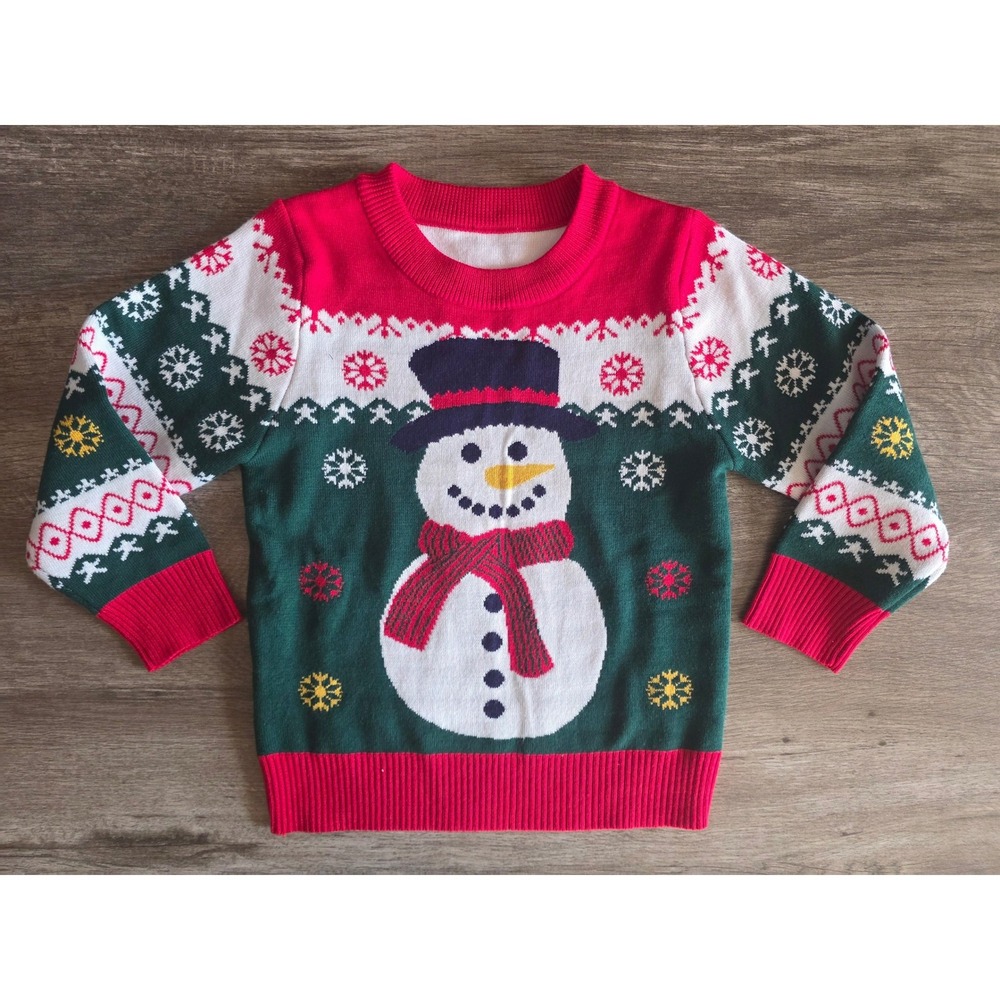 Kids Snowman Ugly Christmas Sweater Green Red Fair Isle Knit Holiday Top 4Y